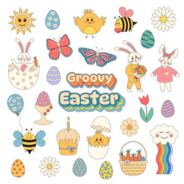 Groovy hippie Easter set.  Easter eggs, bunnies,  butterflies, bees, chickens, daisies. Set of cartoon characters and elements in trendy retro 60s 70s cartoon style.