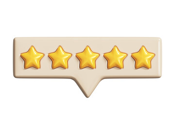 Speech bubble with five golden rating stars. Yellow reviews stars on tooltip UI element, 3D render. Customer feedback or customer review concepts. PNG with transparent background and alpha channel