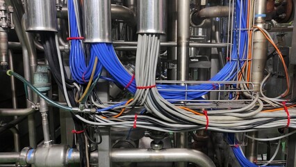 A bundle of grey, blue, and orange cable among pipes in production room of factory