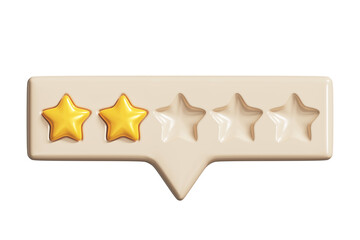 Speech bubble with two golden rating stars. Yellow reviews stars on tooltip UI element, 3D render. Customer feedback or customer review concepts. PNG with transparent background and alpha channel
