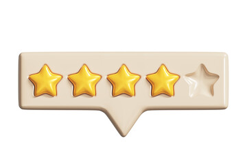 Speech bubble with four golden rating stars. Yellow reviews stars on tooltip UI element, 3D render. Customer feedback or customer review concepts. PNG with transparent background and alpha channel