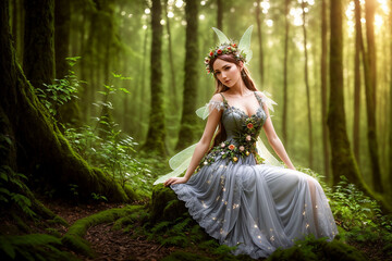Beautiful inhabitant of the forest, mythical character of fairy tales and fantasy, nymph, fairy, naiad. Generative AI