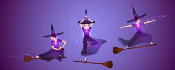 Halloween witches doing yoga postures. Slim young witches women in hatha yoga poses standing on brooms. Yogi hages in well balanced postures practicing witchcraft, making starlight magic, wearing hats