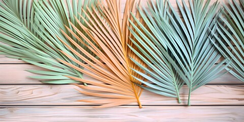 Palm Leaves Pastel Colored Wooden Table Background | Generative AI Artwork