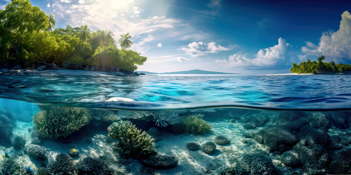 Karibik Insel aus Sicht eines Schnorchlers im Meer mit Riff und Korallen S&uuml;dsee Malediven Seychellen (Generative AI) Digital Art Kunst Hintergrund Wandbild Cover Magazin