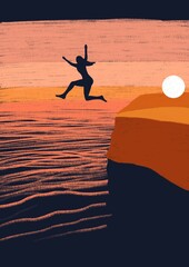 Jump into the unknown - female person silhouette jumping into water from cliff with sunset - color pencil illustration