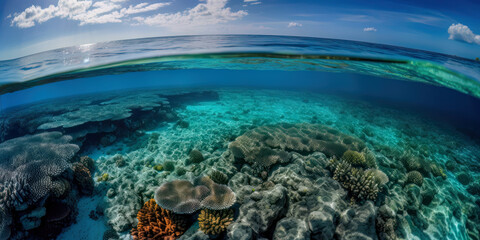 Fototapeta na wymiar Karibik Insel aus Sicht eines Schnorchlers im Meer mit Riff und Korallen Südsee Malediven Seychellen (Generative AI) Digital Art Kunst Hintergrund Wandbild Cover Magazin