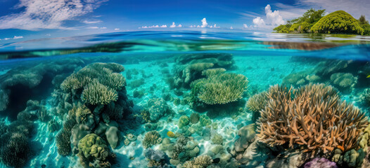 Obraz premium Karibik Insel aus Sicht eines Schnorchlers im Meer mit Riff und Korallen Südsee Malediven Seychellen (Generative AI) Digital Art Kunst Hintergrund Wandbild Cover Magazin