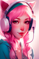 Attractive cat girl with a pink hair and headphones on her head. AI generated.
