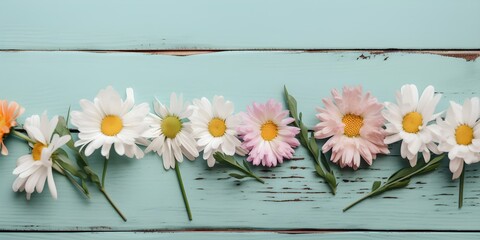 Obraz premium Daisy Flowers On Pastel Colored Wooden Panel Background | Generative AI Artwork