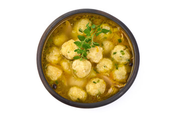 Dietary soup with chicken meatballs, isolated on white background.