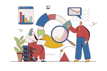 Big data concept with character situation in flat design. Man and woman analyzes statistics diagram and researches datum graphs, making financial report. Illustration with people scene for web