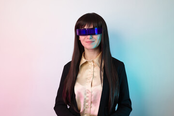 Beautiful female chatbot in business look with futuristic glasses, smiling