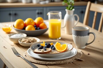 Obraz na płótnie Canvas Fresh tasty breakfast served on a wooden table. Generative AI