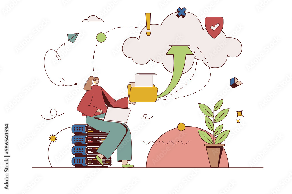 Poster Cloud storage concept with character situation in flat design. Woman working on laptop and making backup files with online access and sending documents. Illustration with people scene for web