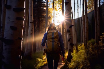 Fototapeta na wymiar Person hiking through forest. Generative AI