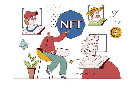 Crypto art with NFT concept with character situation in flat design. Man collects digital artworks and invests money by buying pictures on marketplace. Illustration with people scene for web