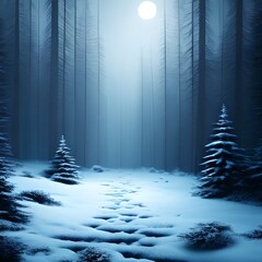 Dark abstract winter forest background. Wooden floor, snow, fog. Dark night background in the forest with moonlight. Night view