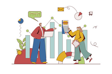 Financial management concept with character situation in flat design. Man and woman calculating and accounting of company budget, working with data. Illustration with people scene for web