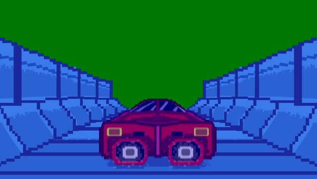 Futuristic car game animated video in old style 8 bits, green background, arcade, art, 2d animation.