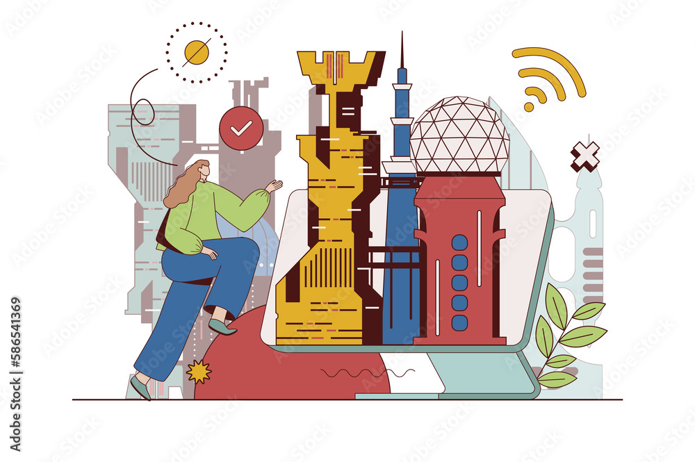 Aufkleber futuristic megalopolis concept with character situation in flat design. woman lives in smart city wi