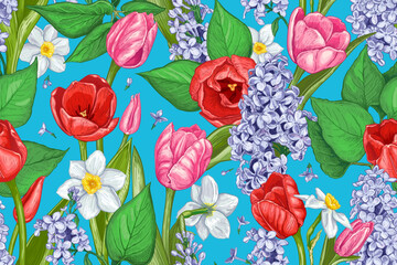 Floral seamless pattern with hand drawn Spring Flowers on a blue background. Vector illustration of Tulips, Lilac and Narcissus . Blooming pink, red, blue and white flowers and green leaves - 586541541