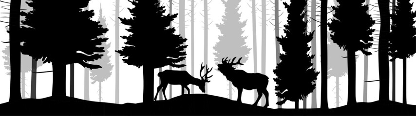 Black silhouette of wild forest woods animals deer and forest fir spruce trees camping adventure wildlife hunting landscape panorama illustration icon vector for logo, isolated on white background