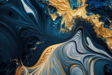 Gold and Blue Marbling Abstract Background with Watercolor Paint Texture Imitation generative ai