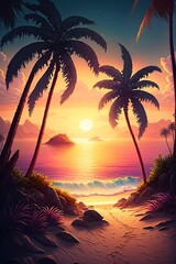 cartoon illustration, tropical landscape, ai generative