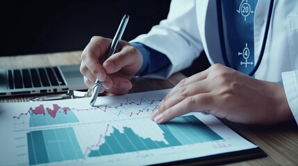 Healthcare business graph data and growth, Medical examination and doctor analyzing medical report network connection on tablet screen. Generative AI.