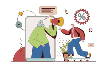 Outbound marketing concept with character situation in flat design. Woman making advertising campaign and sending promo letters for attract client. Illustration with people scene for web