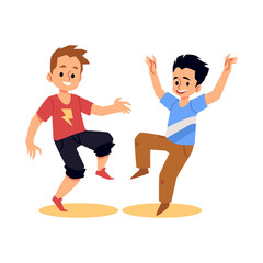 Fototapeta premium Funny cheerful boys jumping having fun, flat illustration isolated.