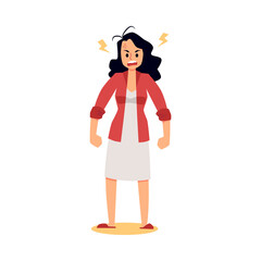 Angry stressed woman with clenched fists, flat illustration isolated.