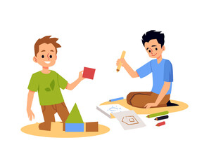Kids playing in kindergarten room or at home, flat illustration isolated.