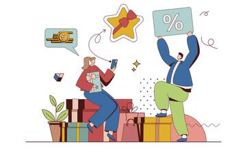Shop loyalty program concept with character situation in flat design. Man and woman regular customers receive bonuses gifts and discount cards from store. Illustration with people scene for web