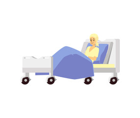 Woman cartoon character in hospital bed, flat illustration isolated.