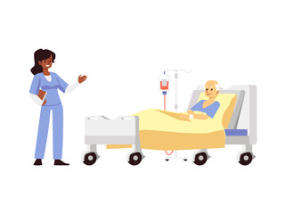 Doctor and elderly patient at hospital room, flat illustration isolated.