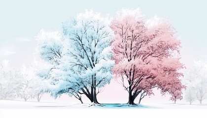 winter landscape with blue and pink trees
