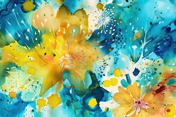 Fototapeta na wymiar yellow and blue flowers on a blue background. Generative AI