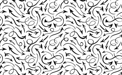 Hand drawn arrows seamless pattern. Vector black arrows collection. Sketchy design, doodle shapes in grunge style. Curved and swirl lines. Squiggly brush drawn strokes. 