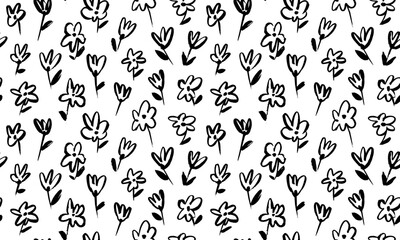 Wild flowers seamless pattern. Cute pattern in small flowers. Hand drawn simple botanical ornament. Sketch drawing, brush drawn branches with leaves and buds. Vector meadow plants, chamomiles. 