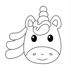 Cute Unicorn Head Coloring Page For Children. Beautiful Cartoon Fairytale Unicorn. Magic Pony Vector Illustration 