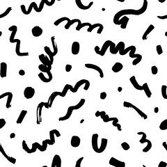 Messy doodles seamless pattern. Brush drawn curved lines and dots. Creative abstract style art background. Expressive seamless vector pattern. Simple childish scribble wallpaper print.