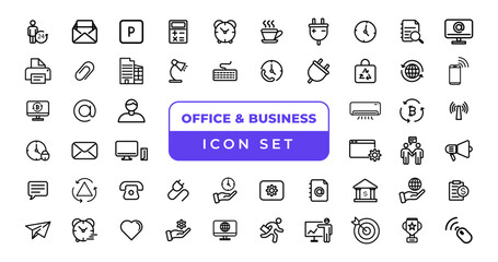Fototapeta na wymiar Office and Business thin line web icons. Outline icons collection. Business, Marketing, Banking, SEO, Teamwork and other symbols. Office management sumbols.