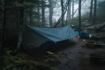 Wilderness Survival: Bushcraft Tent Under the Tarp in Heavy Rain, Embracing the Chill of Dawn - A Scene of Endurance and Resilience