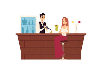 Lonely upset woman sitting at bar counter and drinking flat illustration.