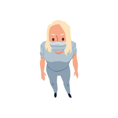 View from above on woman in mask looking up, flat illustration isolated.