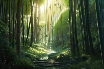serene forest path painting with vibrant colors and natural scenery. Generative AI