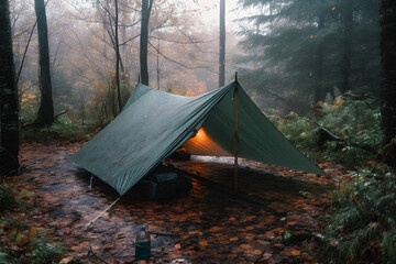Wilderness Survival: Bushcraft Tent Under the Tarp in Heavy Rain, Embracing the Chill of Dawn - A Scene of Endurance and Resilience - obrazy, fototapety, plakaty
