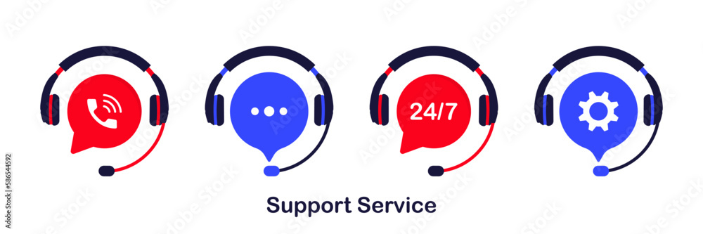 Poster set of support service symbols. hotline support service. tech support. call center, hotline client c